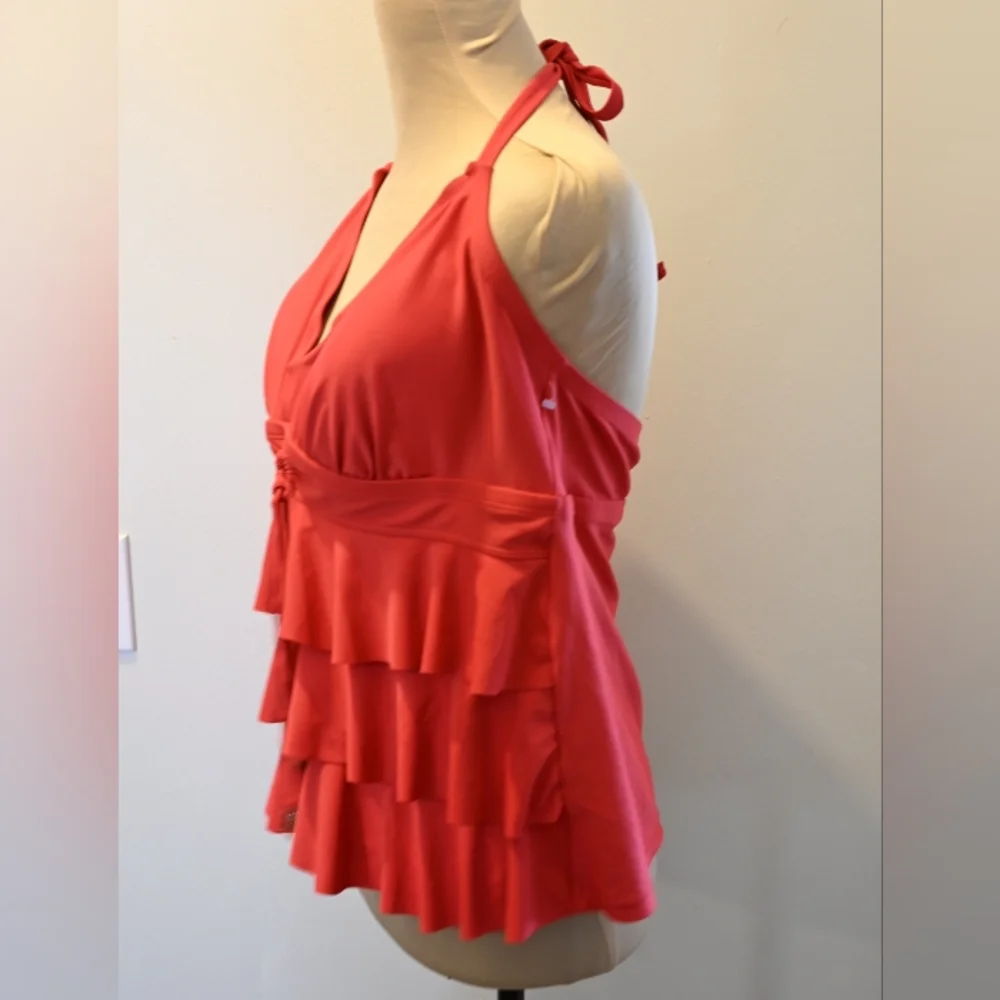 Catalina Hot Pink Tiered Halter Ruffle Vneck Tankini Sewn In Cups XL 16W Modest